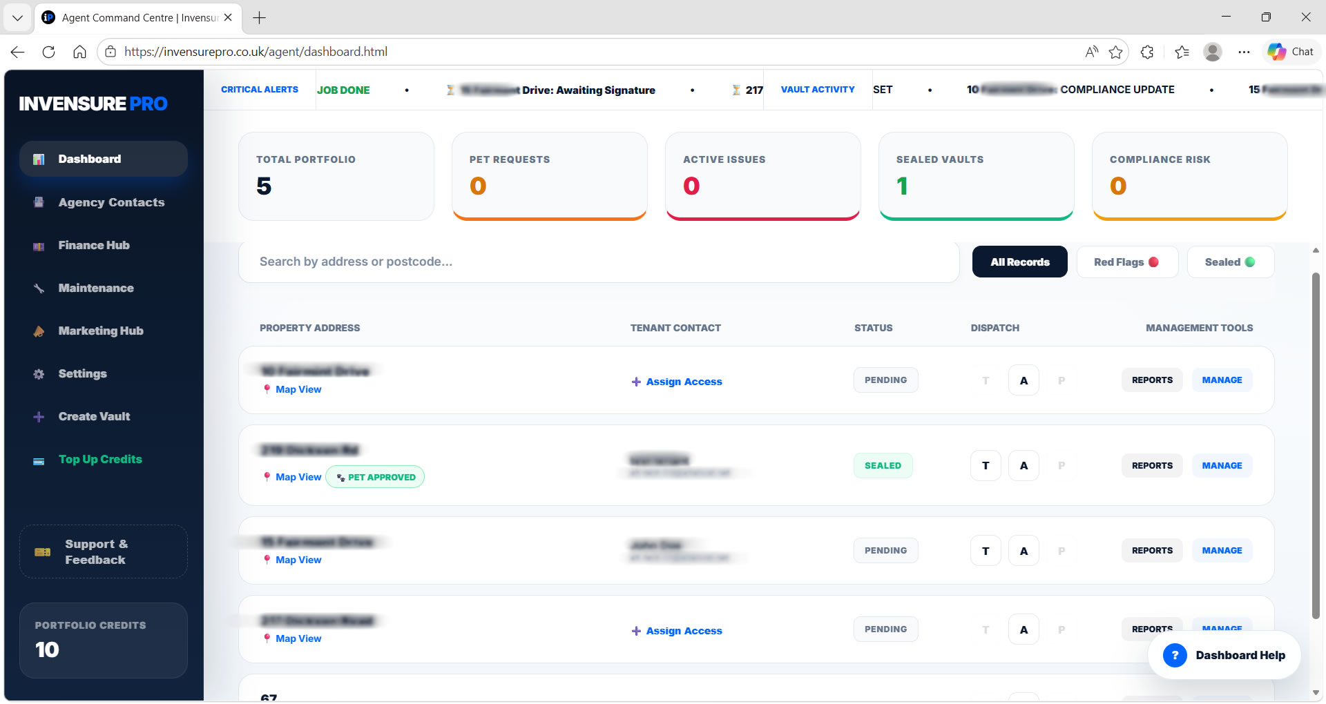Invensure operating dashboard showing live workflow control and chronology visibility.