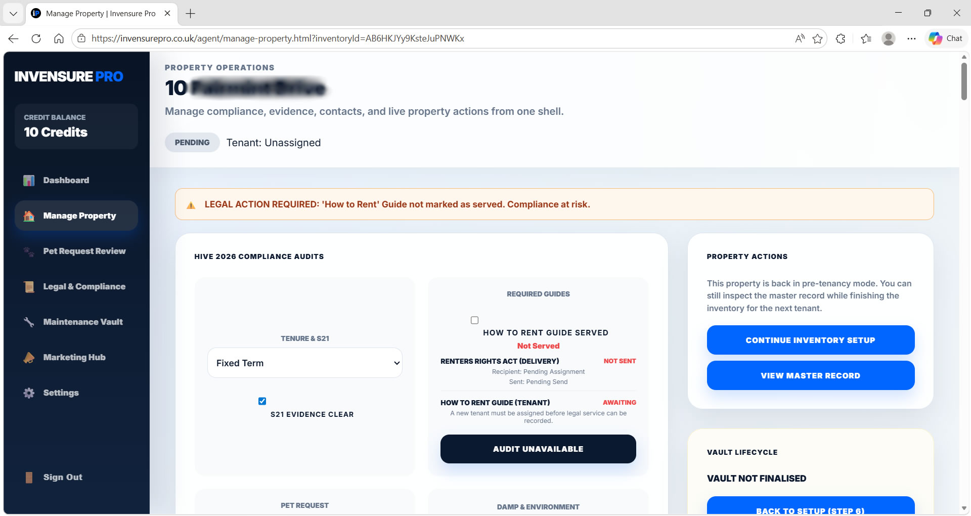 Invensure Pro manage-property workspace showing agent empowerment through compliance oversight, tenancy actions and defensible workflow controls.