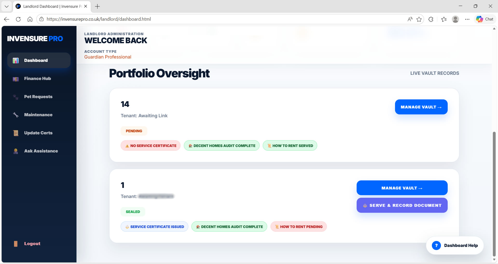 Invensure Pro landlord demo showing court-ready evidence, compliance status and legally defensible portfolio workflow history for UK landlords.